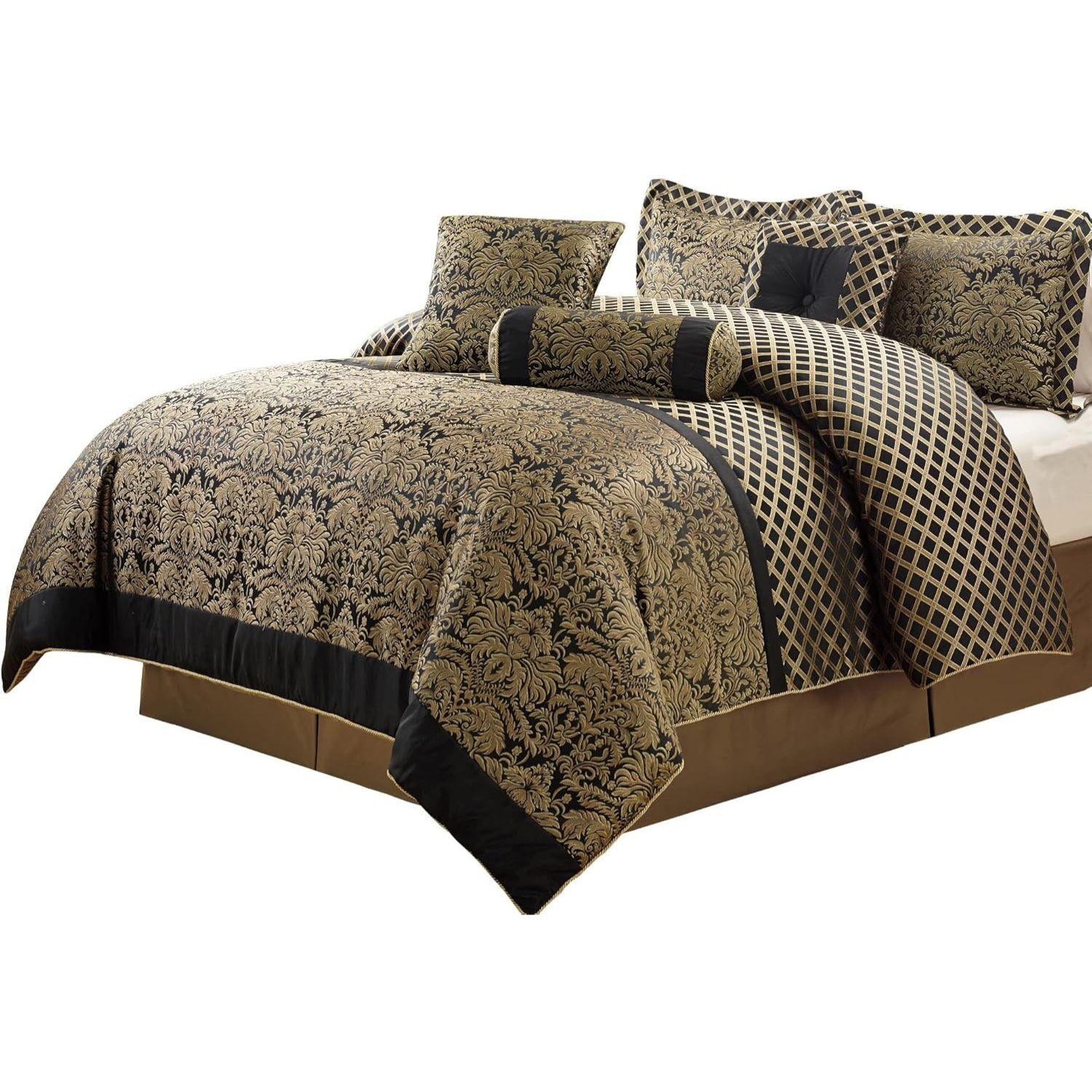 Best luxury bedding collections — Imperial Damask quilt cover set angled view on white background showing lattice pillowcases and damask quilt cover