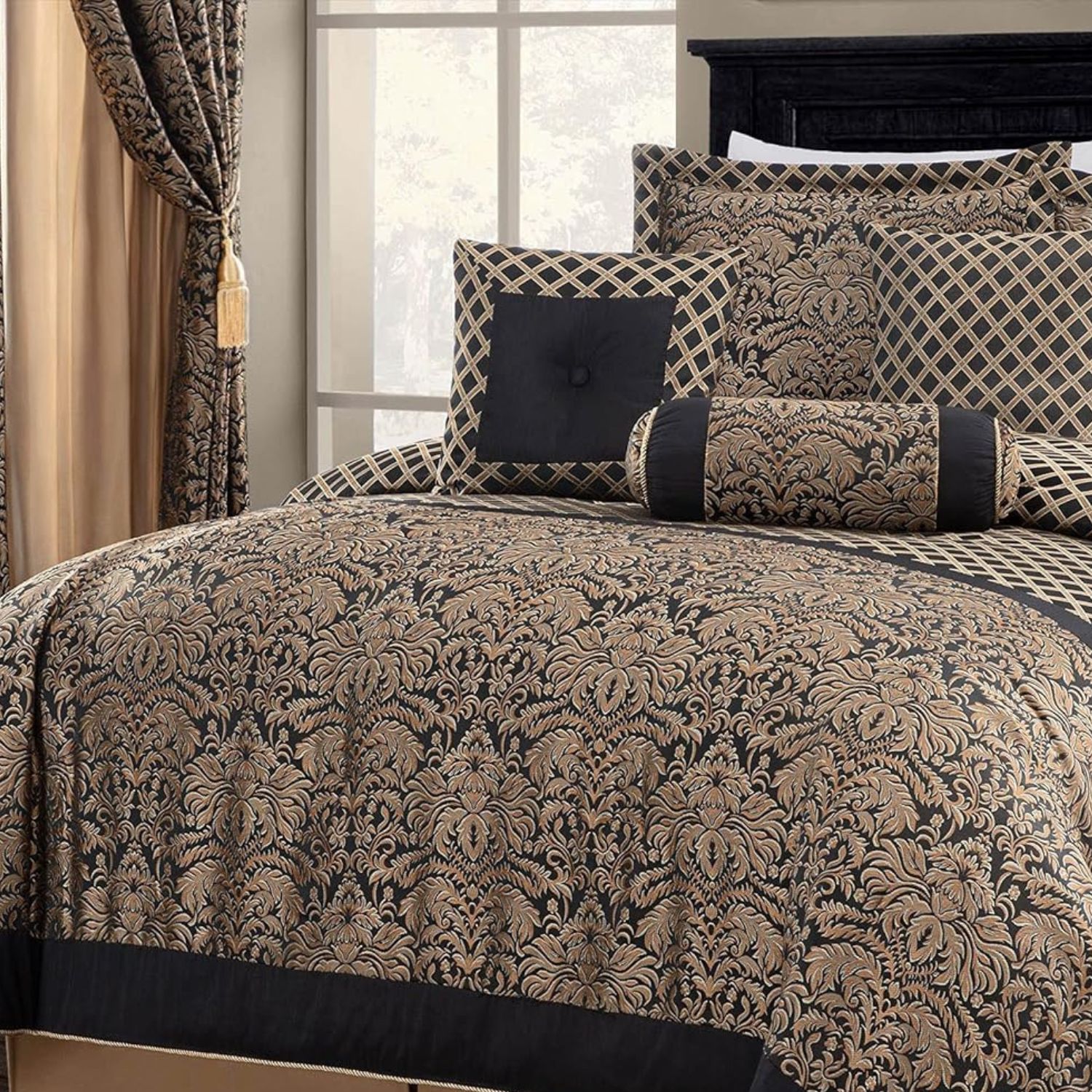 Best upscale bedding — Imperial Damask quilt cover set in bedroom with matching jacquard curtains, black headboard and tassel tie-back
